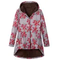 Detailed macro view of floral hooded jacket featuring soft plush lining and irregular hem - Flower Red