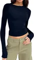 Detailed view of women's slim-fit navy blue raglan long sleeve crew neck T-shirt - XS / Tops / Dark Blue
