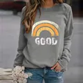 Casual gray loose crewneck sweatshirt with rainbow and GOOD print design for women - 3XL / Tops / Rainbow Gray