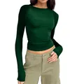 Close-up detail view of dark green raglan long sleeve slim fit crew neck top for women - Green