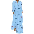 Détail de la robe longue vintage imprimé papillon pour femme avec col en V et poches - S / Haut Et Bas / Bleu ciel