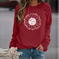 Casual women's loose long-sleeve crewneck sweatshirt in deep red with sunflower print - 3XL / Tops / Chrysanthemum Red