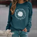 Women's teal crew neck sweatshirt with large white sunflower print and loose fit - 3XL / Tops / Chrysanthemum Blue