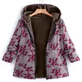 Women's floral print hooded jacket with warm fleece lining and zipper closure in grey - 3XL / Tops / Coffee Floral