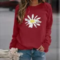 Women's casual loose crew neck sweatshirt in burgundy with a large white daisy print - 3XL / Tops / Sunflower Red
