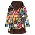 Detailed macro view of hooded jacket with plush lining and abstract graffiti print - Starry Orange