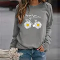Casual grey women's round neck long sleeve sweatshirt with daisy bicycle graphic - 3XL / Tops / Bicycle Gray
