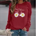 Women's casual red crew neck sweatshirt with bicycle and daisy floral graphic print - 3XL / Tops / Bicycle Red