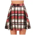 Close-up front view of a vintage red and white plaid high-waisted pleated mini skirt for women - S / Burgundy