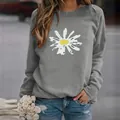 Casual women's grey crew neck sweatshirt featuring a white daisy print and loose fit - 3XL / Tops / Sunflower Gray