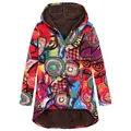 Front view of colorful hooded coat with plush lining and irregular hem. - Starry Red