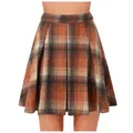 High-waisted brown plaid pleated mini skirt shown on model with retro A-line silhouette - S / Orange
