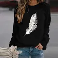 Stylish casual black crewneck sweatshirt for women featuring a large white feather print detail - 3XL / Tops / Feather Black