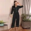 Elegant black long-sleeved women's jumpsuit pajamas with white piping and waist tie belt - S / Top And Bottom / Black