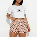 Women's two-piece pajama set with white panda crop top and pink patterned shorts - S / Top And Bottom / Panda Print-White