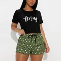 Two-piece summer casual women's pajama set with Friday print top and panda pattern shorts - S / Top And Bottom / Panda Print-Black/Olive Green