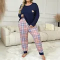 Women's plus size pajama set with a navy heart top and pink plaid lounge pants for sleepwear. - 3XL / Top And Bottom / Navy Blue