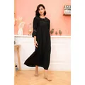 Elegant black palace style nightdress with delicate lace trim and long sleeves for women - M / Black