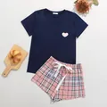 Women's casual navy short sleeve pajama set with pink plaid shorts and heart detail - Heart Plaid-Navy