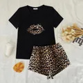 Women's two-piece leopard print pajama set with lips graphic t-shirt and shorts - S / Top And Bottom / Gold