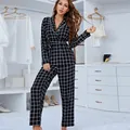 Elegant black and white plaid long sleeve pajama set with belted waist for women - S / Top And Bottom / Black Plaid