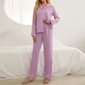 Women's lavender long-sleeve pajama set featuring classic button-up shirt and pants - S / Top And Bottom / Purple