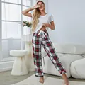 Comfortable women's pajama set featuring white short sleeve t-shirt and red plaid pants - XL / Top And Bottom / White (1952-White)