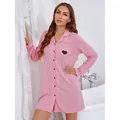 Pink long-sleeve button-down nightdress with heart print on front pocket for women - S / Tops / Pink
