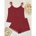 Ensemble pyjama deux pièces bordeaux pour femme avec caraco à volants et dentelle - S / Haut Et Bas / Bordeaux