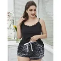 Elegant plus size leopard print pajama set with lace trim camisole and comfy shorts - 1XL / Top And Bottom / Zebra Style (1947M-Silver) / Silver