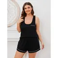 Schwarzes Pyjama-Set in Übergröße mit weißem Rand, bequeme Sommer-Hauskleidung für Damen. - 1XL / Oberteil Und Unterteil / Schwarz (TR46M-Black)