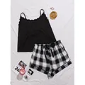 Women's plus size pajama set with black lace camisole and black white buffalo plaid shorts - 3XL / Top And Bottom / Black and White Plaid Style (1947M-BlackAndWhite) / Black and White