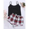 Women's two-piece summer pajama set with black lace camisole and red plaid shorts - 3XL / Top And Bottom / Scottish Plaid Style (1947M-Plaid) / Red Plaid