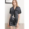 Chic two-piece women's summer pajama set with classic black and white leopard print - L / Top And Bottom / Silver Leopard Print