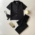 Women's 3-piece black lounge pajama set including short sleeve shirt and pants - S / Top And Bottom / Three-Piece Set / Black