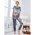 Women's 2-piece satin pajamas set with crop top and jogger pants in slate blue - S / Top And Bottom / Blue