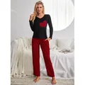 Women's two-piece heart patch plaid pajama set in red and black colors. - S / Top And Bottom / Red And Black Fine Plaid