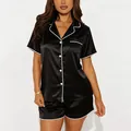 Women's luxury black satin ice silk pajama set with short sleeves and shorts - S / Top And Bottom / Black