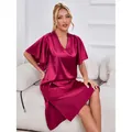 Elegant maroon satin nightgown with V-neck and ruffled sleeves for women's luxury sleepwear - Wine Red (GST29-Red)
