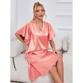 Elegant coral pink satin short sleeve nightgown featuring V-neck design and side slits - Coral Orange (GST29-LightRed)