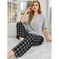 Women's cozy 2-piece pajama set with grey heart embroidered t-shirt and black plaid pants - S / Top And Bottom / Light Gray