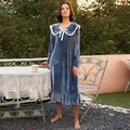Elegant French style blue velvet long nightgown with lace doll collar and bow detail - M / Tops / Blue