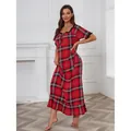 Nuisette à carreaux rouges pour femmes avec manches courtes et dentelle pour l'été - S / Hauts / Rouge/Noir à Carreaux