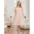 Elegant plus size long sleeve nightgown with black lace trim in soft peach pink color - 1XL / Bottoms / Pink