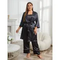 Elegant black plus size satin pajama 3-piece set featuring a robe and long pants - 1XL / Top And Bottom / Black