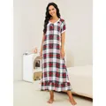 Robe de nuit d'été élégante à manches courtes et carreaux rouges pour femmes, loungewear - S / Hauts / Carreaux Rouge Blanc Bleu