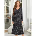 Long sleeve heart print nightgown for women in black loungewear comfortable style - S / Top And Bottom / Black