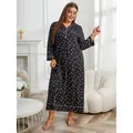 Comfortable plus size women's black long sleeve nightgown with white heart print pattern - 1XL / Tops / Black