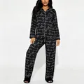 Stylish women's black loungewear set with white script pattern and long sleeve shirt - S / Top And Bottom / Black With Letter Print