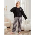 Plus size women's pajama set with black long-sleeve top and heart checkered pants - 2XL / Top And Bottom / Black (23009M-Black)